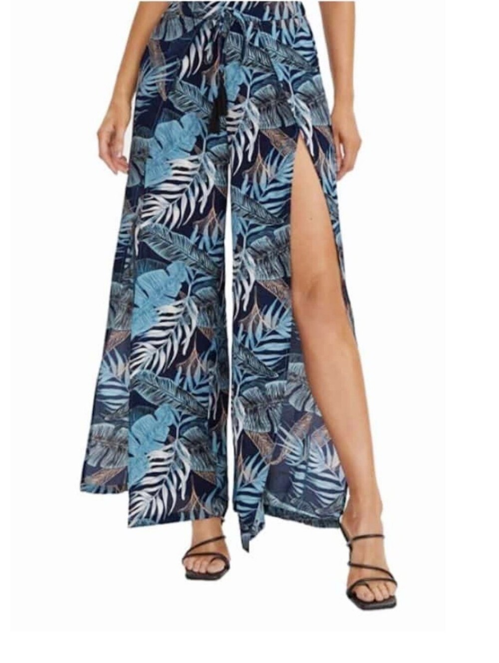 Beach Cover-Up Tropical Leaf Slit Wide Leg Pants (XL)